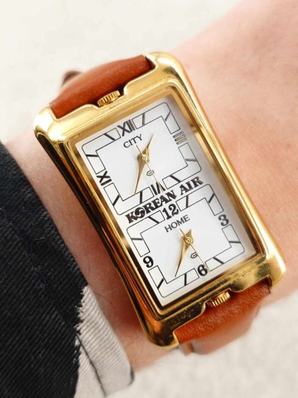 Korean Air Dual Time Watch Golden Tower ETA Tank Style 28mm New Batteries